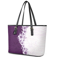 Hawaii Hibiscus Flowers Leather Tote Bag Purple Polynesian Pattern