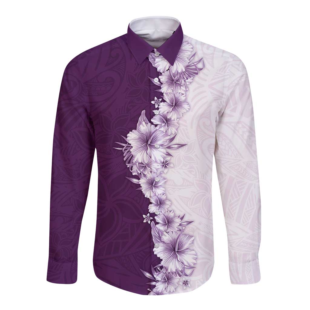 Hawaii Hibiscus Flowers Long Sleeve Button Shirt Purple Polynesian Pattern