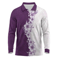 Hawaii Hibiscus Flowers Long Sleeve Polo Shirt Purple Polynesian Pattern