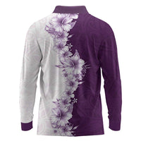 Hawaii Hibiscus Flowers Long Sleeve Polo Shirt Purple Polynesian Pattern