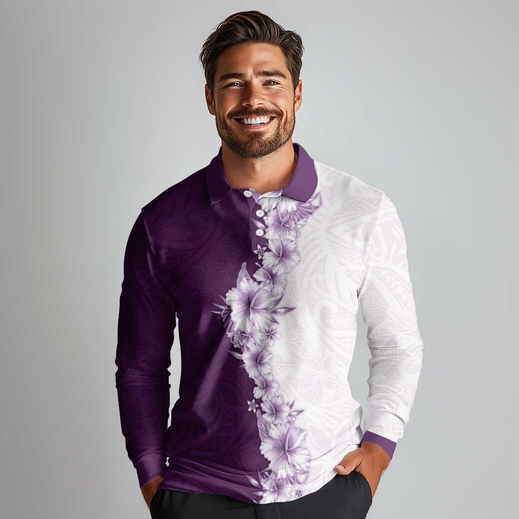 Hawaii Hibiscus Flowers Long Sleeve Polo Shirt Purple Polynesian Pattern