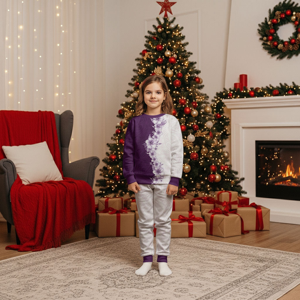 Hawaii Hibiscus Flowers Christmas Pajama Set Purple Polynesian Pattern LT05 Kid Purple - Polynesian Pride
