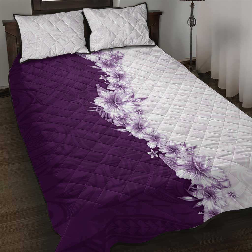 Hawaii Hibiscus Flowers Quilt Bed Set Purple Polynesian Pattern