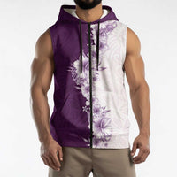 Hawaii Hibiscus Flowers Sleeveless Zip Hoodie Purple Polynesian Pattern