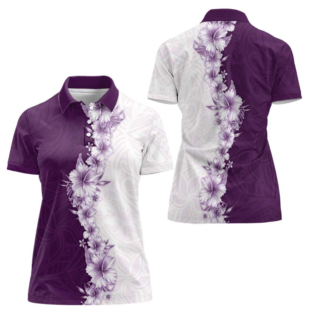 Hawaii Hibiscus Flowers Women Polo Shirt Purple Polynesian Pattern