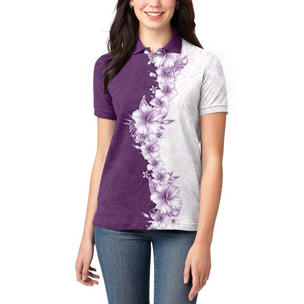Hawaii Hibiscus Flowers Women Polo Shirt Purple Polynesian Pattern