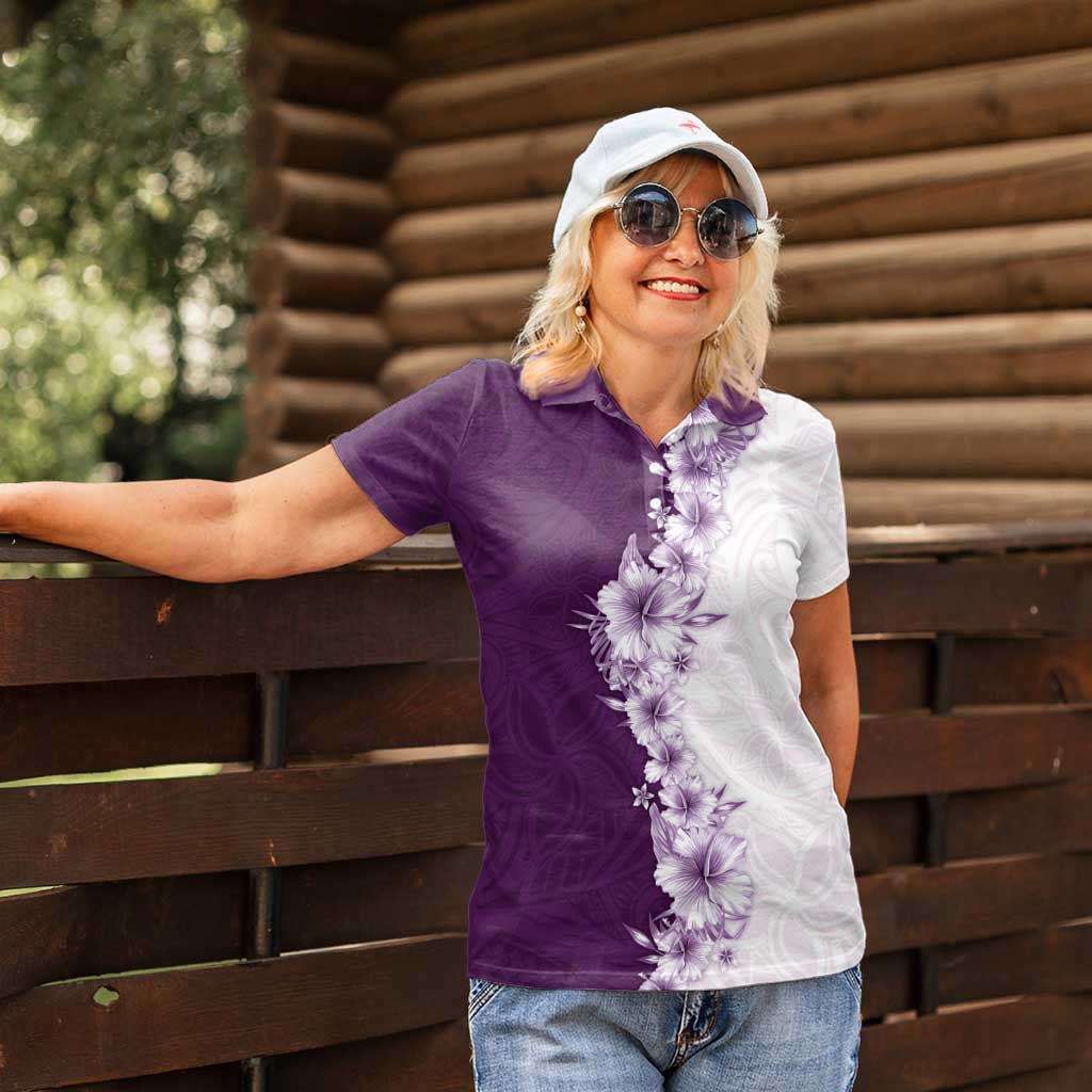 Hawaii Hibiscus Flowers Women Polo Shirt Purple Polynesian Pattern
