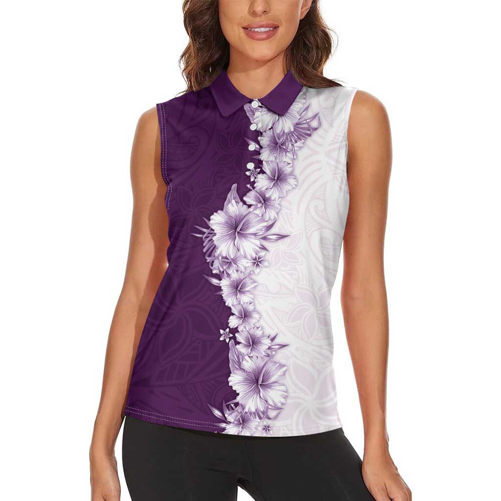 Hawaii Hibiscus Flowers Women Sleeveless Polo Shirt Purple Polynesian Pattern