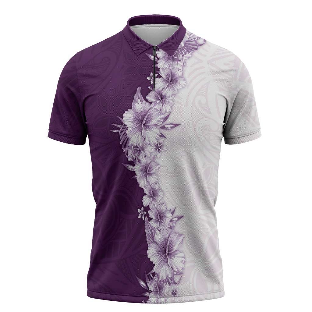 Hawaii Hibiscus Flowers Zipper Polo Shirt Purple Polynesian Pattern
