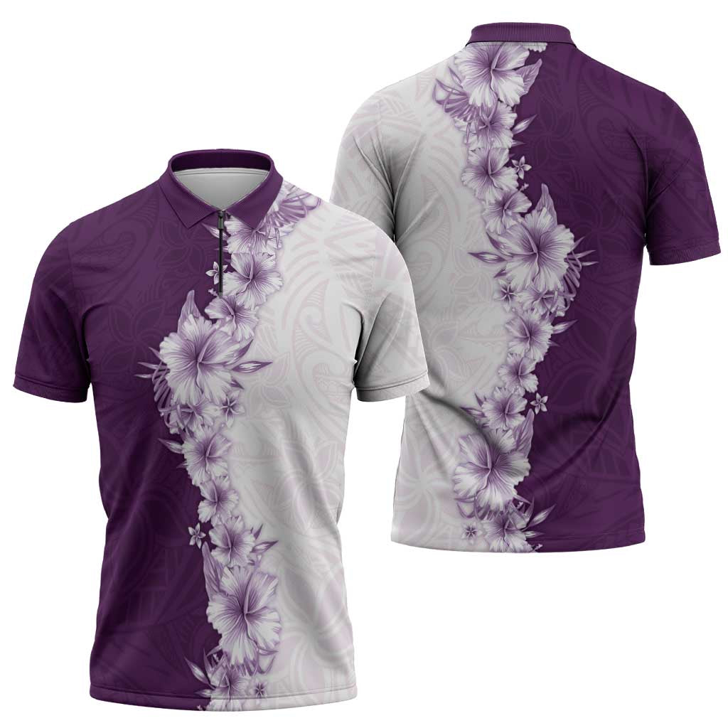 Hawaii Hibiscus Flowers Zipper Polo Shirt Purple Polynesian Pattern