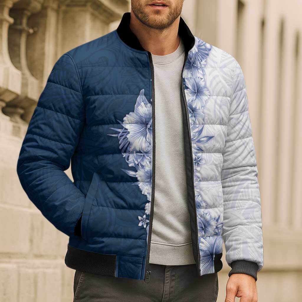 Hawaii Hibiscus Flowers Bomber Puffer Jacket Blue Polynesian Pattern