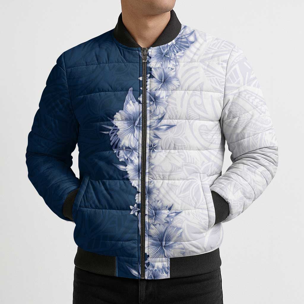 Hawaii Hibiscus Flowers Bomber Puffer Jacket Blue Polynesian Pattern