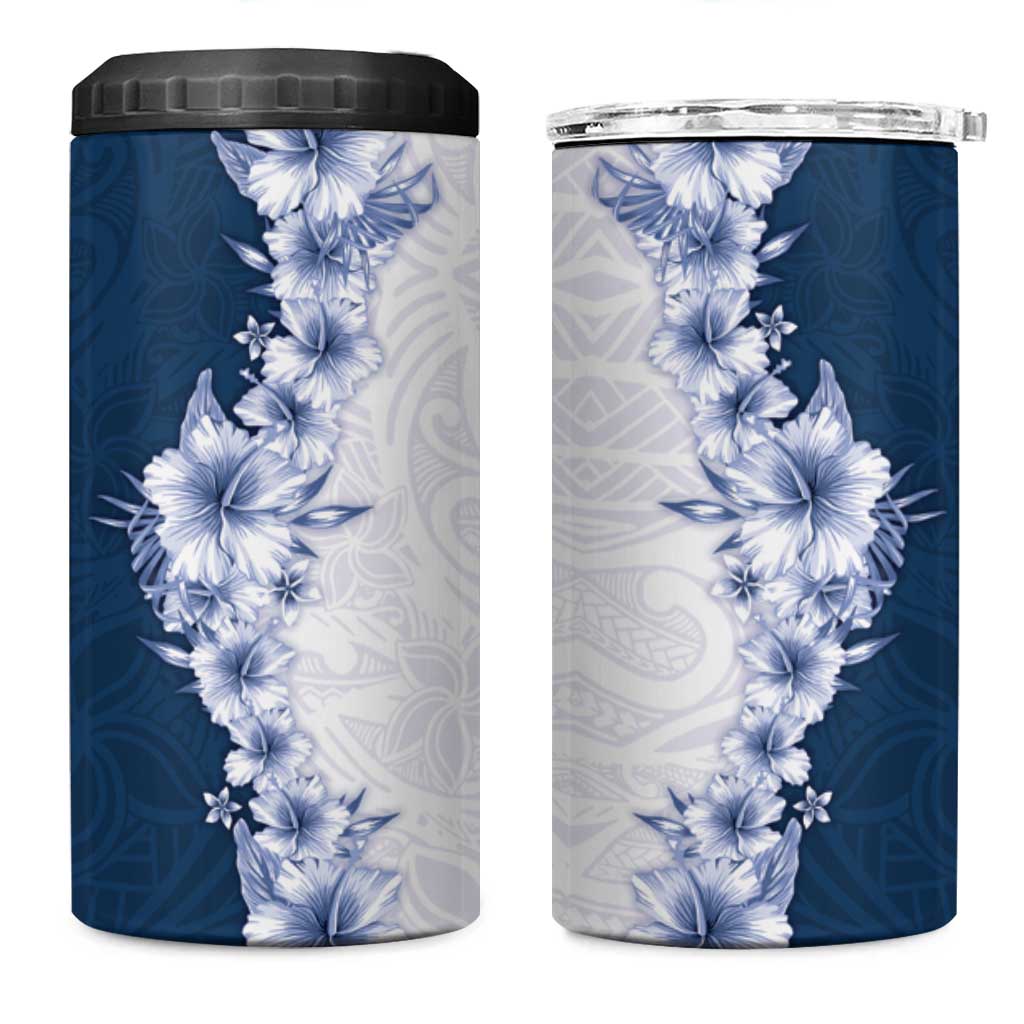 Hawaii Hibiscus Flowers 4 in 1 Can Cooler Tumbler Blue Polynesian Pattern