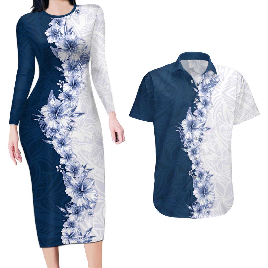 Hawaii Hibiscus Flowers Couples Matching Long Sleeve Bodycon Dress and Hawaiian Shirt Blue Polynesian Pattern LT05 Blue - Polynesian Pride