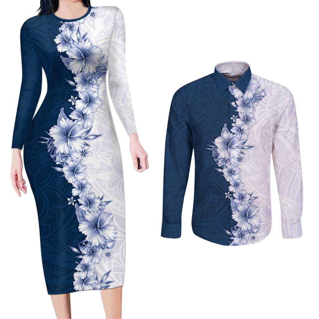 Hawaii Hibiscus Flowers Couples Matching Long Sleeve Bodycon Dress and Long Sleeve Button Shirt Blue Polynesian Pattern