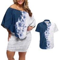 Hawaii Hibiscus Flowers Couples Matching Off Shoulder Short Dress and Hawaiian Shirt Blue Polynesian Pattern