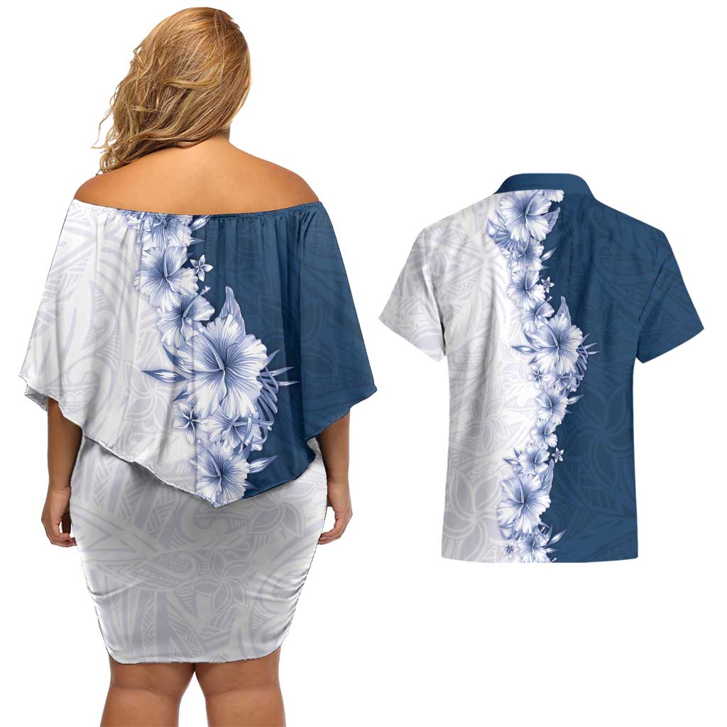 Hawaii Hibiscus Flowers Couples Matching Off Shoulder Short Dress and Hawaiian Shirt Blue Polynesian Pattern