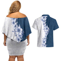 Hawaii Hibiscus Flowers Couples Matching Off Shoulder Short Dress and Hawaiian Shirt Blue Polynesian Pattern