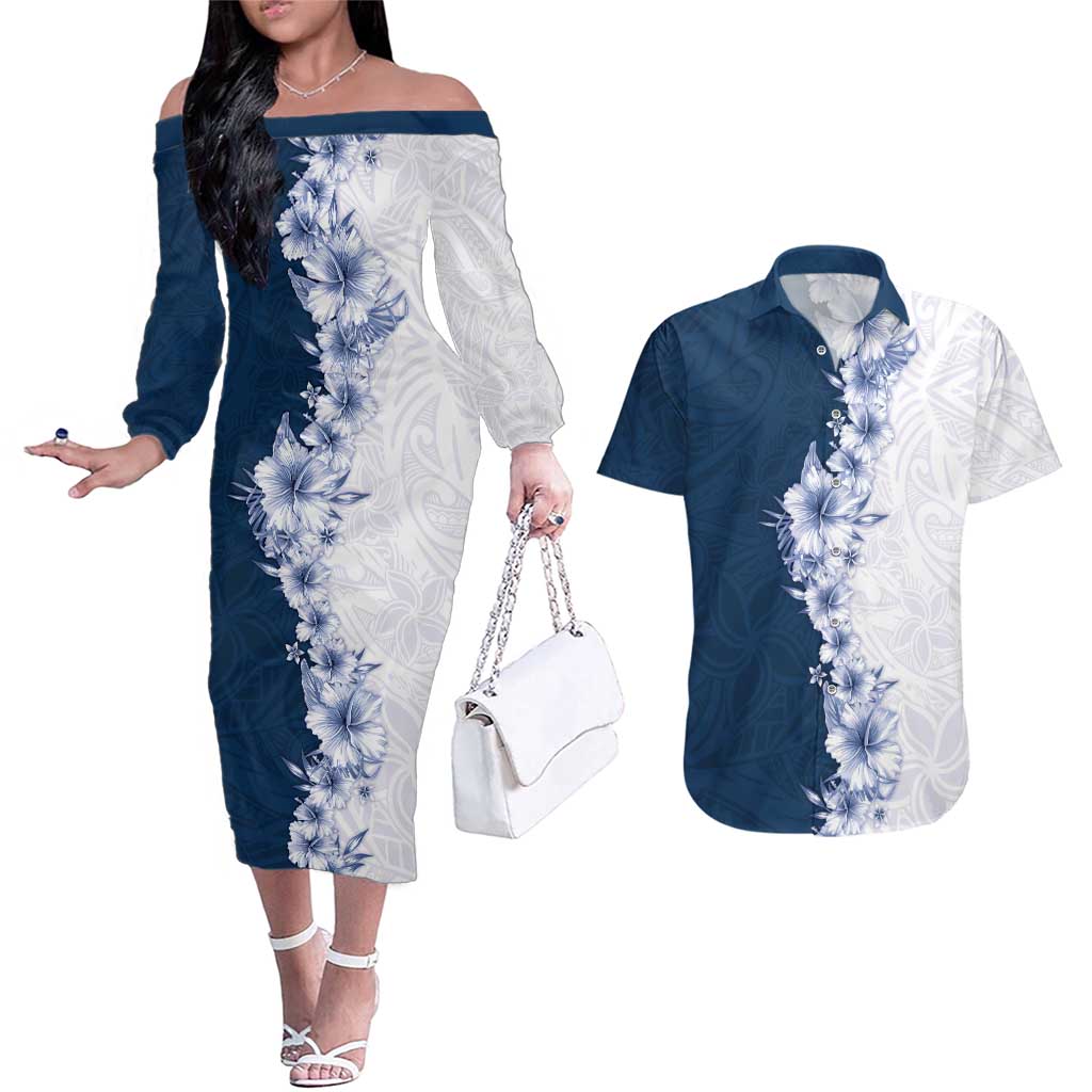 Hawaii Hibiscus Flowers Couples Matching Off The Shoulder Long Sleeve Dress and Hawaiian Shirt Blue Polynesian Pattern