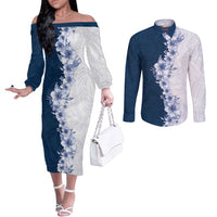 Hawaii Hibiscus Flowers Couples Matching Off The Shoulder Long Sleeve Dress and Long Sleeve Button Shirt Blue Polynesian Pattern