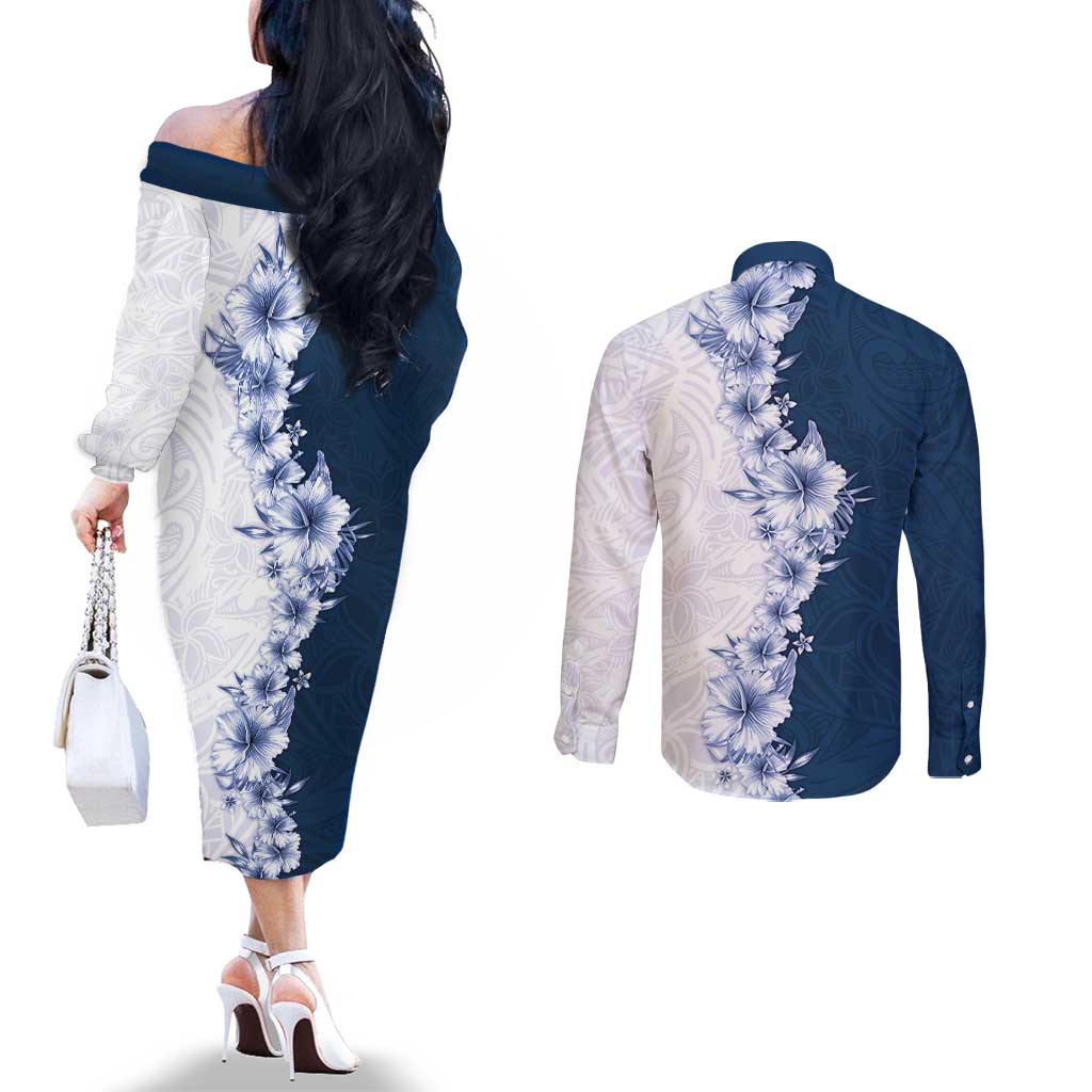 Hawaii Hibiscus Flowers Couples Matching Off The Shoulder Long Sleeve Dress and Long Sleeve Button Shirt Blue Polynesian Pattern