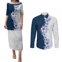 Hawaii Hibiscus Flowers Couples Matching Puletasi and Long Sleeve Button Shirt Blue Polynesian Pattern