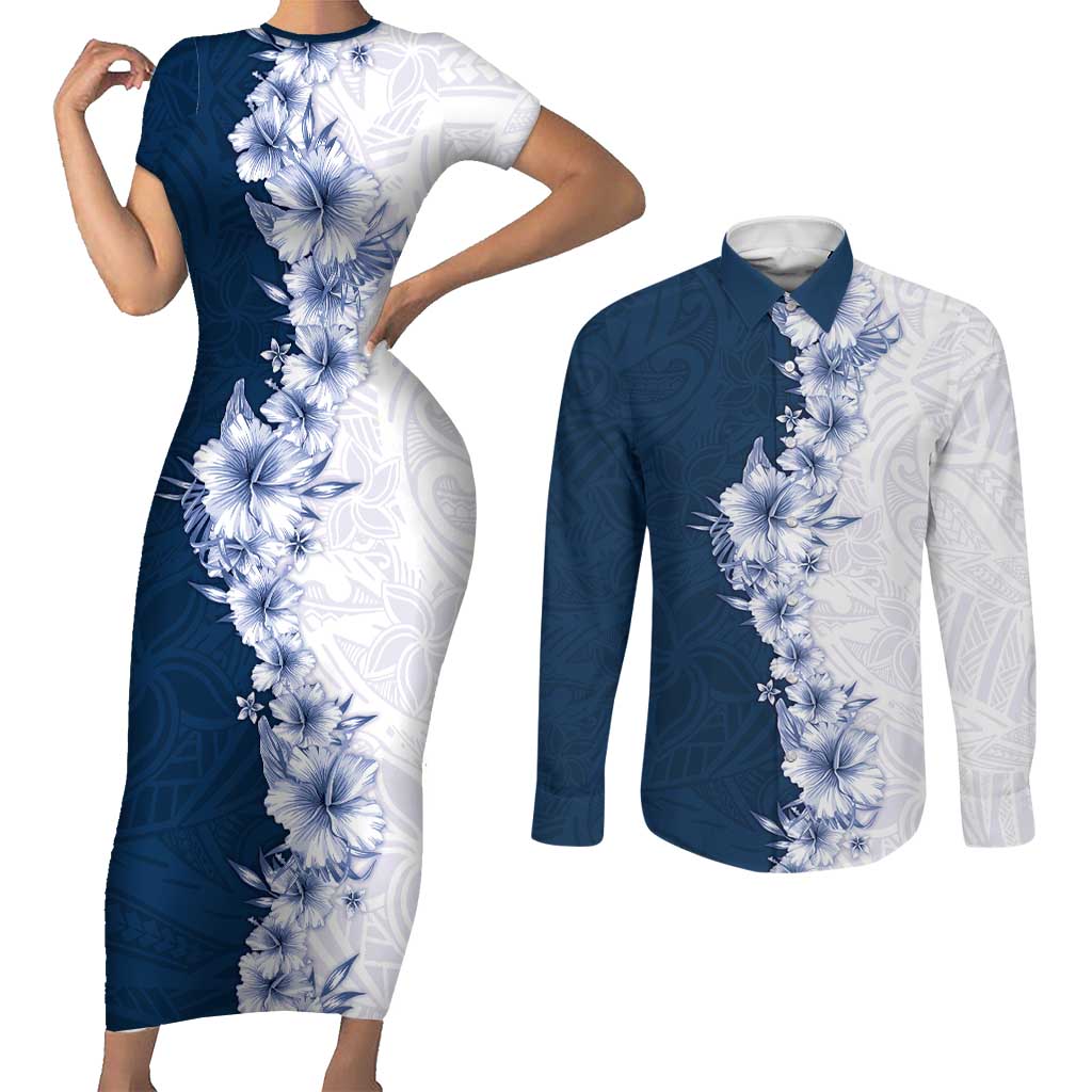 Hawaii Hibiscus Flowers Couples Matching Short Sleeve Bodycon Dress and Long Sleeve Button Shirt Blue Polynesian Pattern