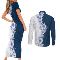 Hawaii Hibiscus Flowers Couples Matching Short Sleeve Bodycon Dress and Long Sleeve Button Shirt Blue Polynesian Pattern