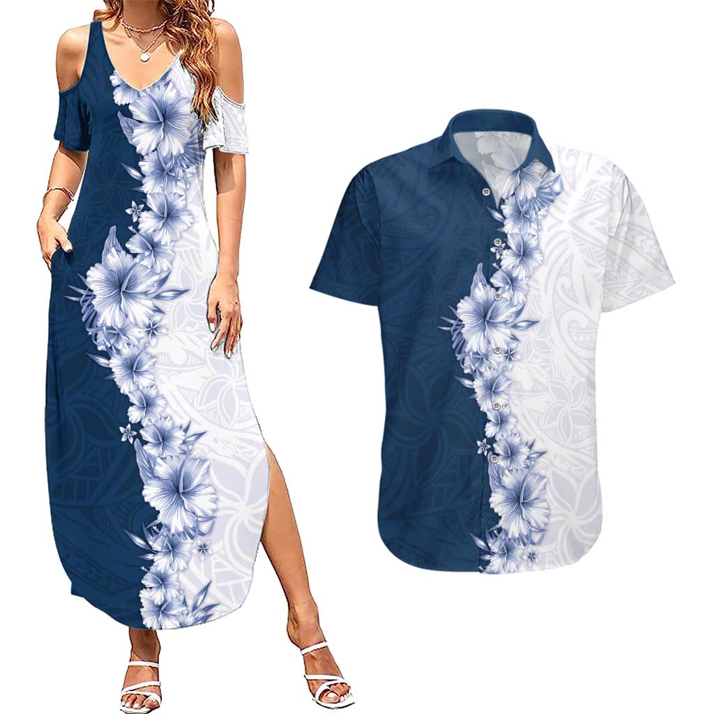 Hawaii Hibiscus Flowers Couples Matching Summer Maxi Dress and Hawaiian Shirt Blue Polynesian Pattern