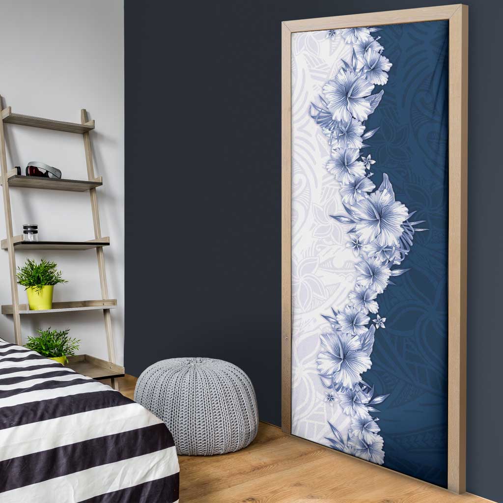 Hawaii Hibiscus Flowers Door Cover Blue Polynesian Pattern