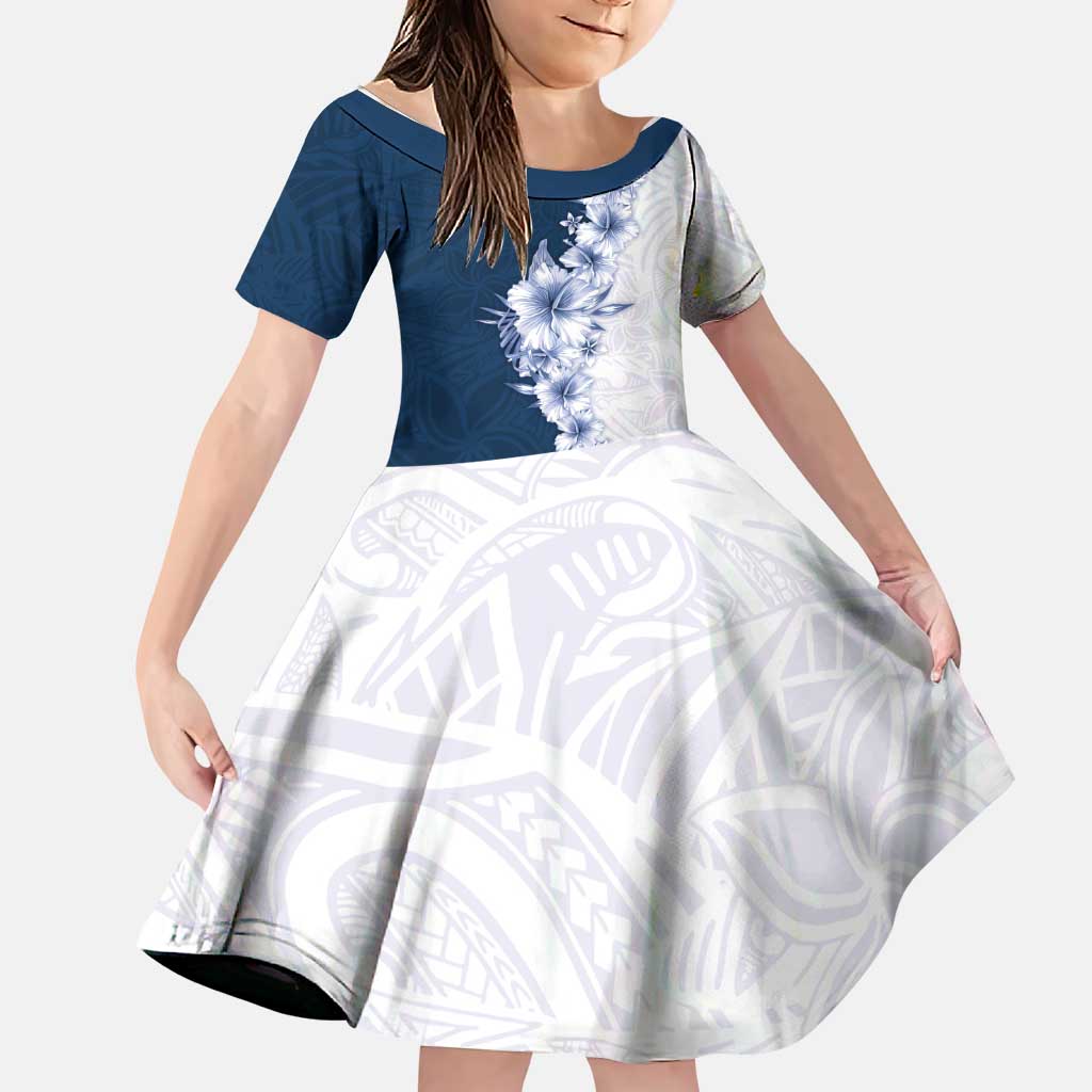 Hawaii Hibiscus Flowers Family Matching Long Sleeve Bodycon Dress and Hawaiian Shirt Blue Polynesian Pattern