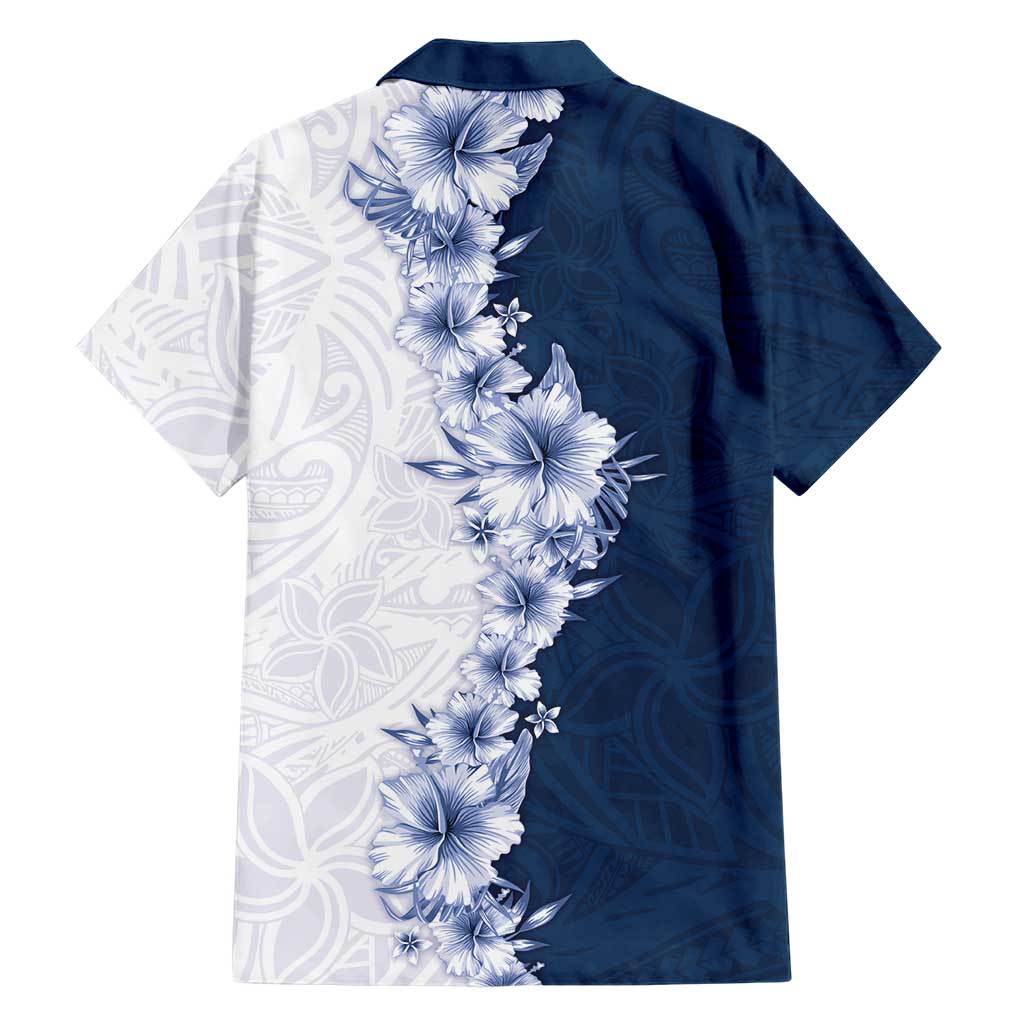 Hawaii Hibiscus Flowers Family Matching Long Sleeve Bodycon Dress and Hawaiian Shirt Blue Polynesian Pattern