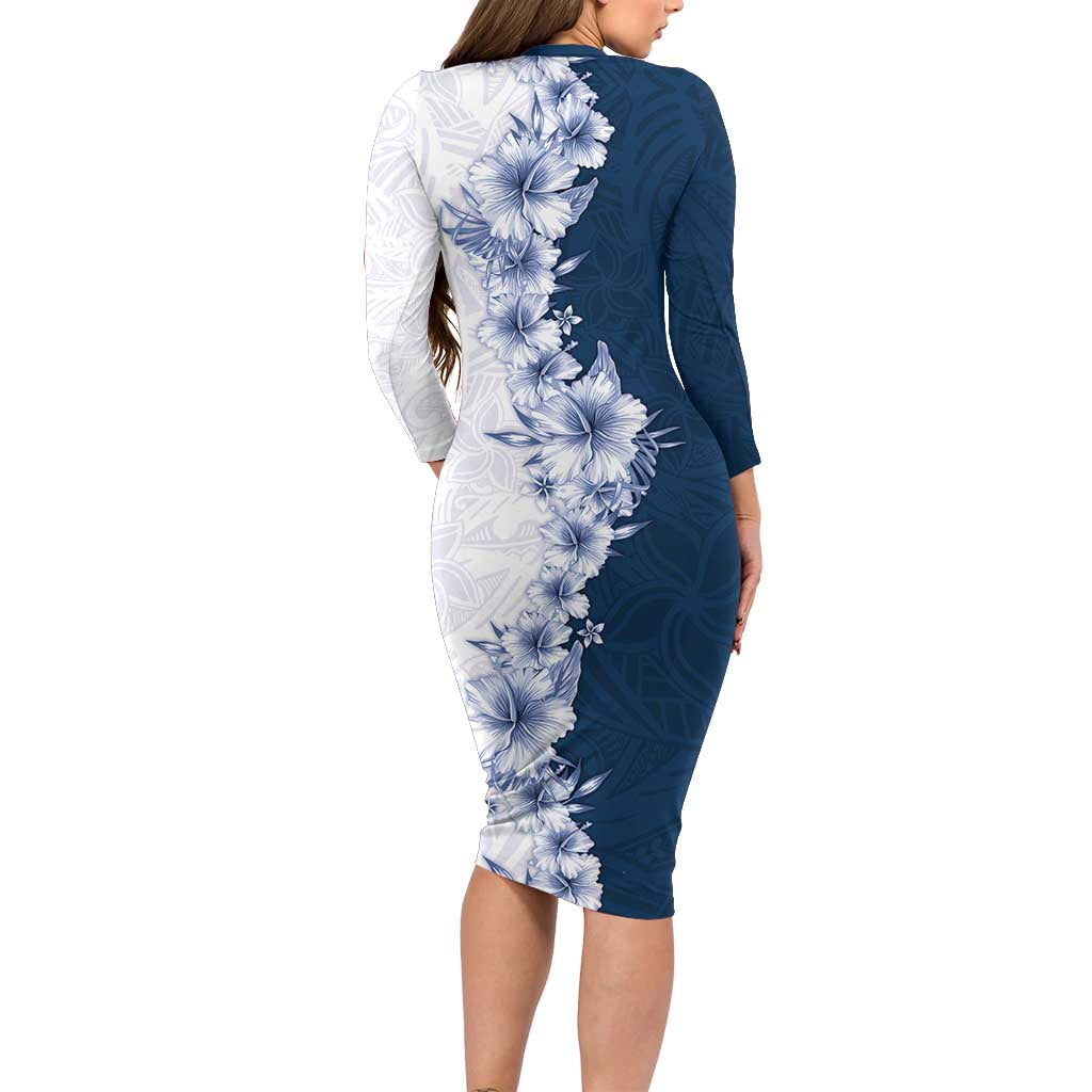 Hawaii Hibiscus Flowers Family Matching Long Sleeve Bodycon Dress and Hawaiian Shirt Blue Polynesian Pattern