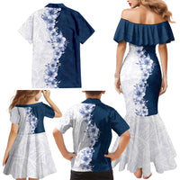 Hawaii Hibiscus Flowers Family Matching Mermaid Dress and Hawaiian Shirt Blue Polynesian Pattern