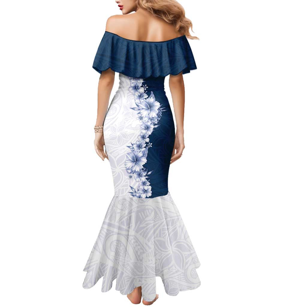 Hawaii Hibiscus Flowers Family Matching Mermaid Dress and Hawaiian Shirt Blue Polynesian Pattern