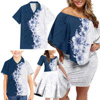 Hawaii Hibiscus Flowers Family Matching Off Shoulder Short Dress and Hawaiian Shirt Blue Polynesian Pattern