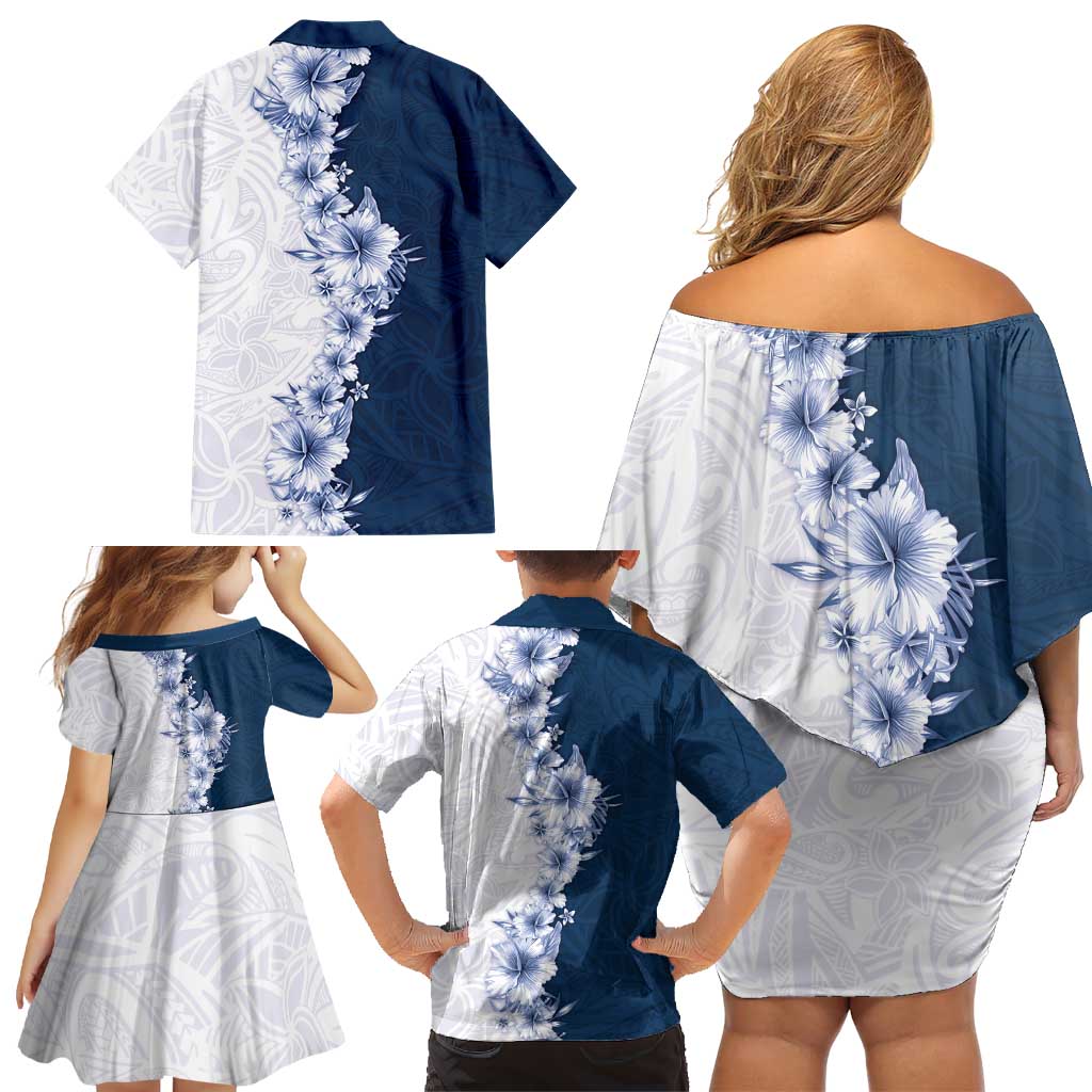 Hawaii Hibiscus Flowers Family Matching Off Shoulder Short Dress and Hawaiian Shirt Blue Polynesian Pattern