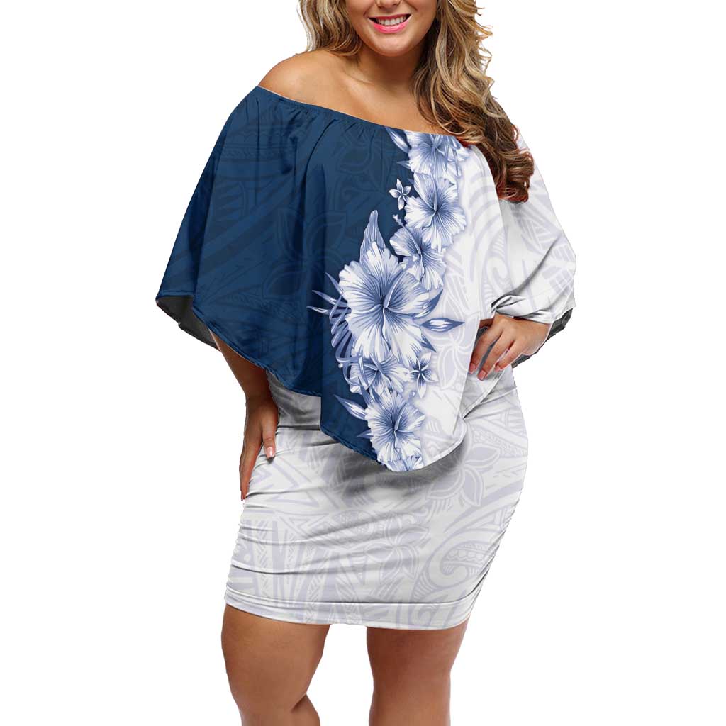 Hawaii Hibiscus Flowers Family Matching Off Shoulder Short Dress and Hawaiian Shirt Blue Polynesian Pattern