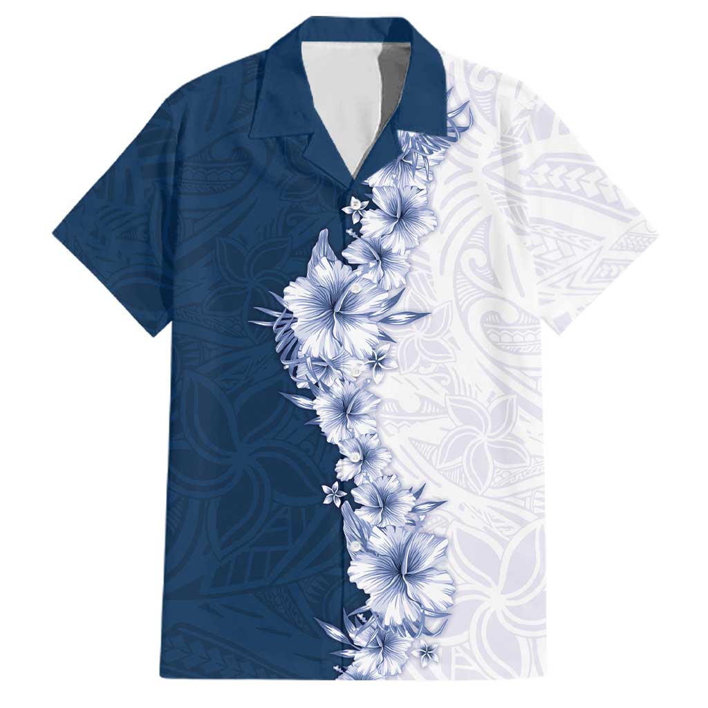 Hawaii Hibiscus Flowers Family Matching Short Sleeve Bodycon Dress and Hawaiian Shirt Blue Polynesian Pattern