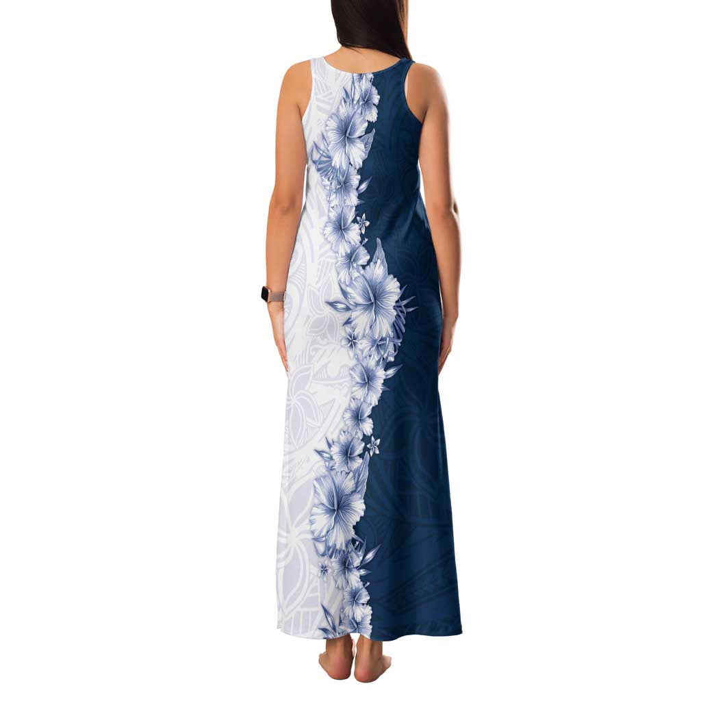 Hawaii Hibiscus Flowers Family Matching Tank Maxi Dress and Hawaiian Shirt Blue Polynesian Pattern