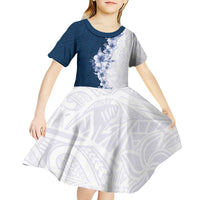 Hawaii Hibiscus Flowers Kid Short Sleeve Dress Blue Polynesian Pattern