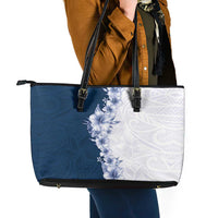 Hawaii Hibiscus Flowers Leather Tote Bag Blue Polynesian Pattern
