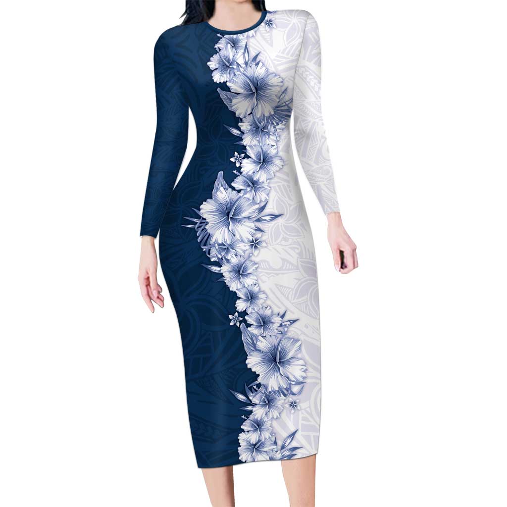 Hawaii Hibiscus Flowers Long Sleeve Bodycon Dress Blue Polynesian Pattern