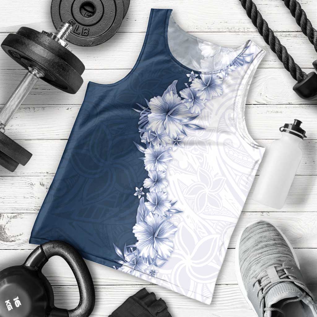 Hawaii Hibiscus Flowers Men Tank Top Blue Polynesian Pattern