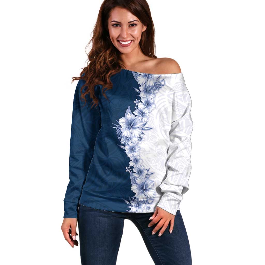 Hawaii Hibiscus Flowers Off Shoulder Sweater Blue Polynesian Pattern