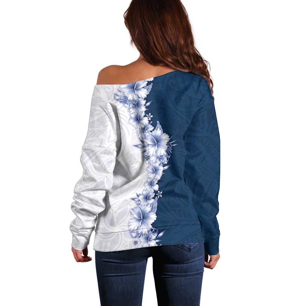 Hawaii Hibiscus Flowers Off Shoulder Sweater Blue Polynesian Pattern