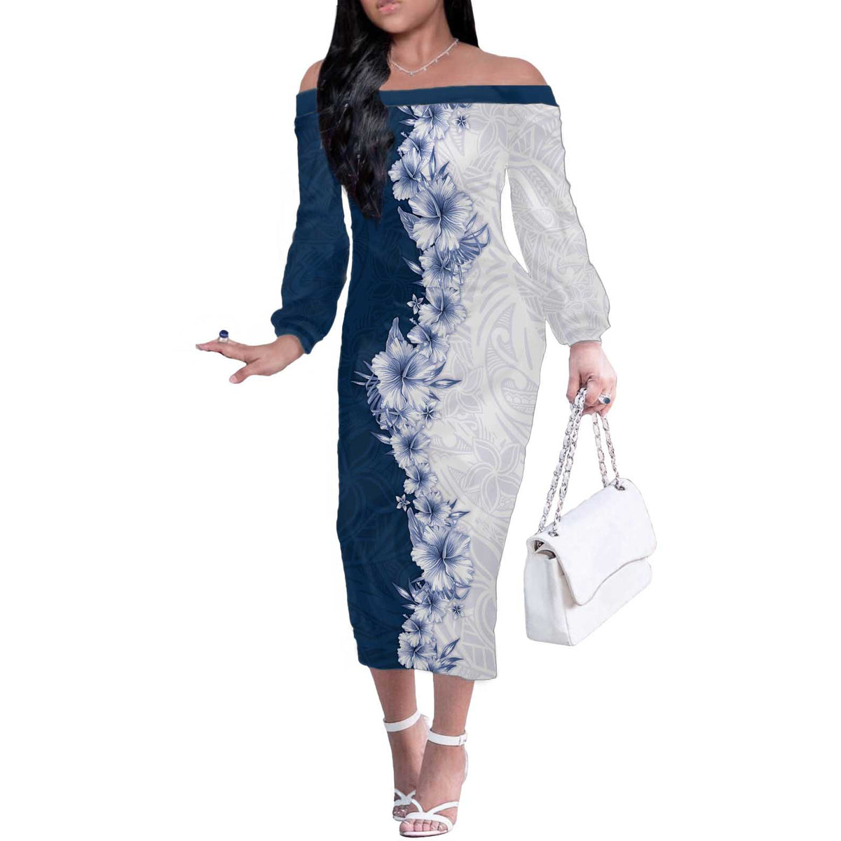 Hawaii Hibiscus Flowers Off The Shoulder Long Sleeve Dress Blue Polynesian Pattern