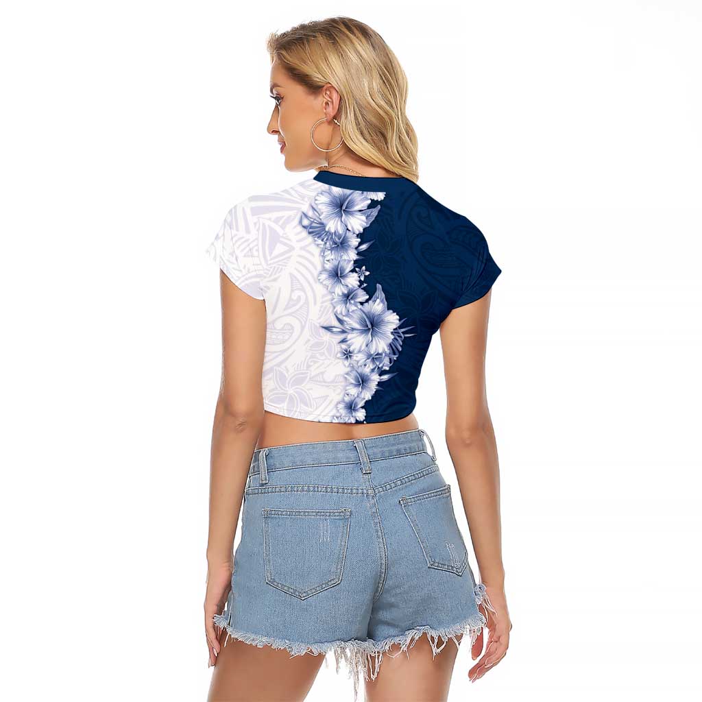 Hawaii Hibiscus Flowers Raglan Cropped T Shirt Blue Polynesian Pattern