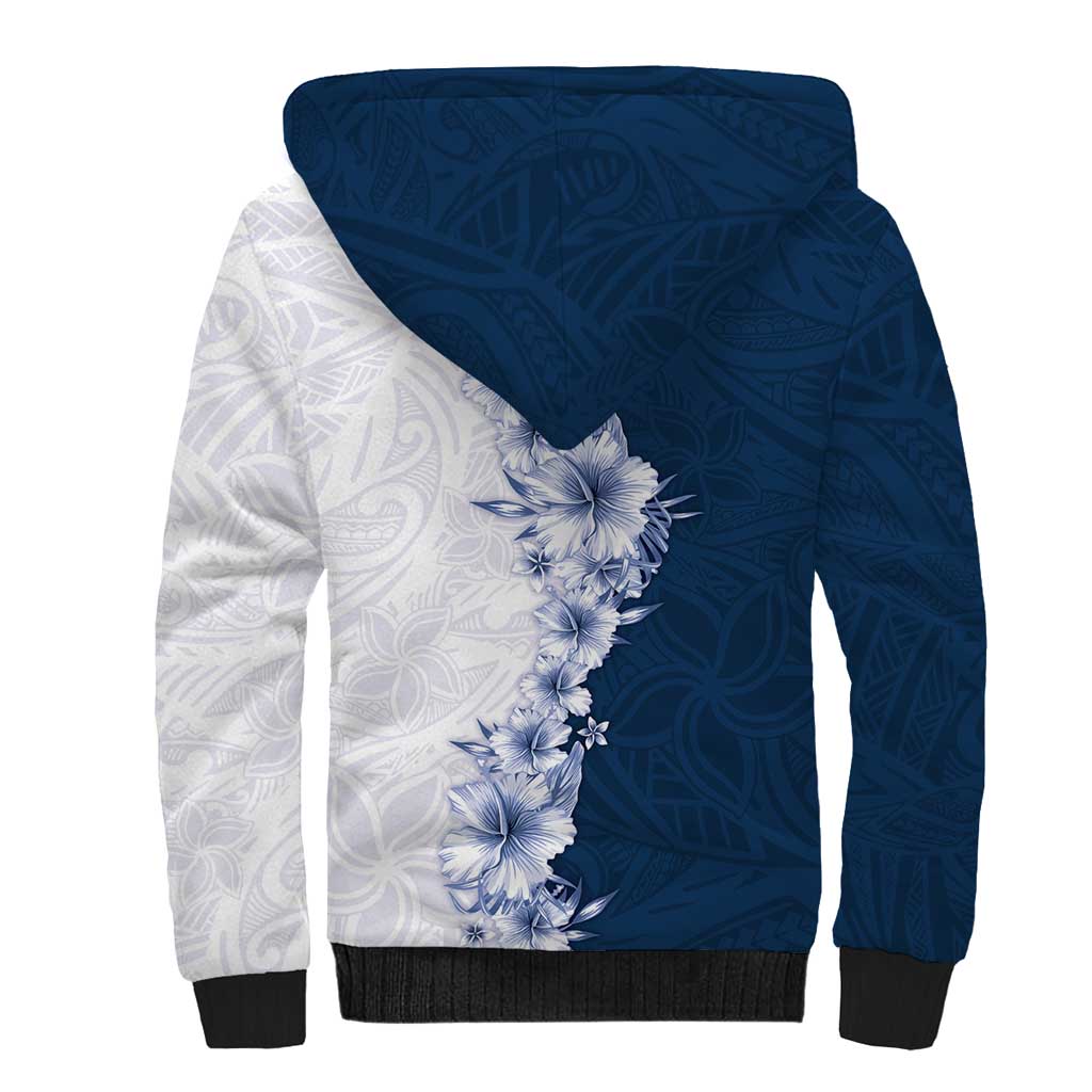 Hawaii Hibiscus Flowers Sherpa Hoodie Blue Polynesian Pattern