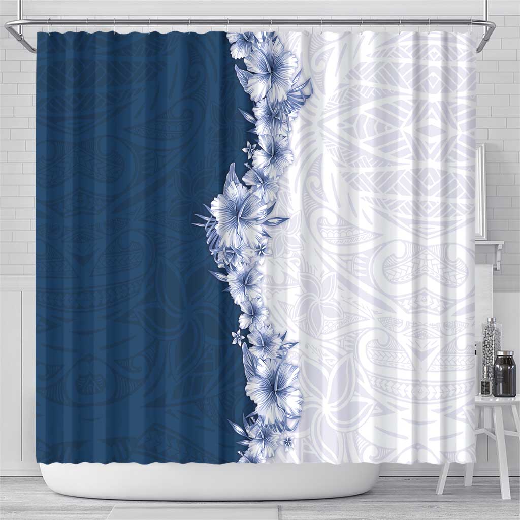 Hawaii Hibiscus Flowers Shower Curtain Blue Polynesian Pattern